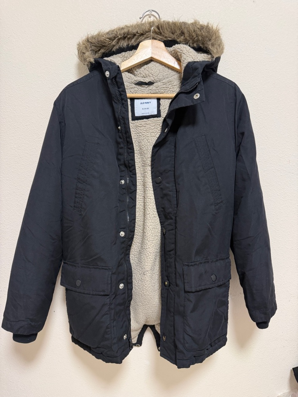 Old Navy Black Winter Parka with Faux Fur Trim and Cream Sherpa Lining